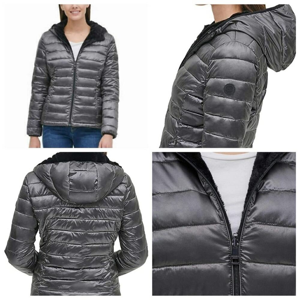 Andrew Marc Reversible Puffer Jacket Silver Black Faux fur Coat MEDIUM Hooded